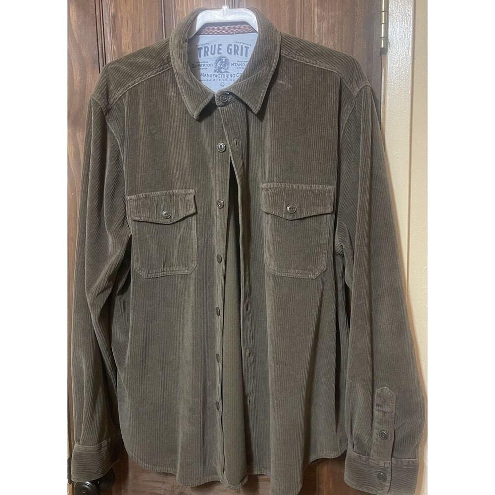 True Grit Men's Corduroy Button Down Shirt Jacket Shacket Olive Green XL